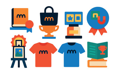 Flat vector icons of museum merchandise: exhibition catalog shelf badge, branded tote bag trophy, souvenir magnets medal, artist print stand ribbon, museum logo t-shirt icon, postcard set display