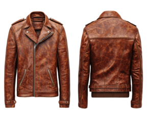 Men's brown leather jacket featured in urban fashion isolated on transparent background