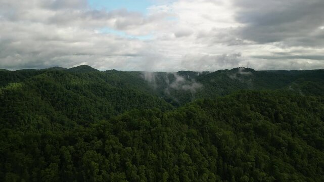 Aerial low clouds in Appalachian mountains in West Virginia Cumberland mountains