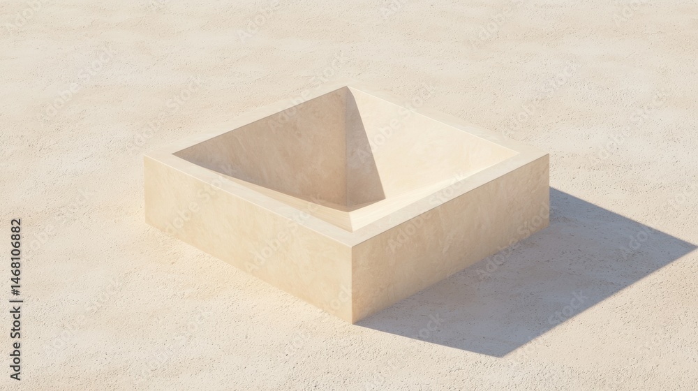 Poster a square box with a triangular opening sits on a sandy surface.