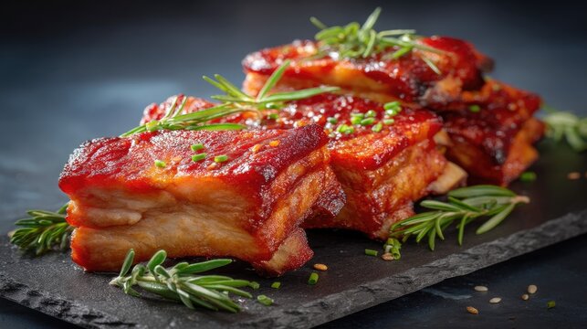 Glazed Riblets Succulent BBQ Pork on Slate with Garnished with Rosemary.