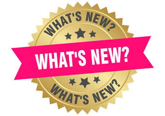 what's new?. what's new? round pink and gold label isolated on transparent background