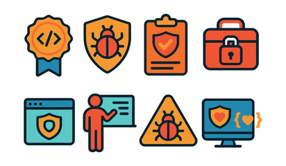 Flat vector icons of cyber self-defense skills: practicing basic coding skills badge, understanding malware types badge, building incident response plans badge, preparing personal cyber emergency