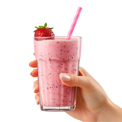 Strawberry Smoothie in Glass Hand Holding Refreshing Drink