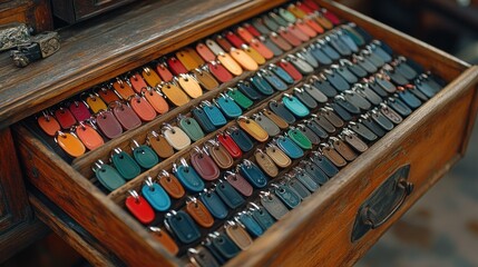 Leather samples in wooden drawer