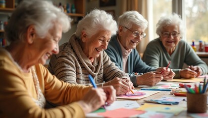 Group elderly women creating art crafts, handmade colorful cards during workshop. Seniors laugh, enjoy time, spend time together. Community, leisure, creative therapy, art activities, DIY. Joyful,