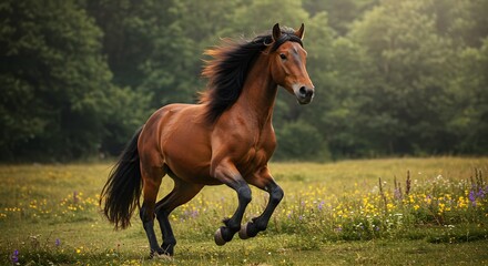 Obraz premium Galloping Brown Horse Running Freely in a Sunny Meadow with Flowers