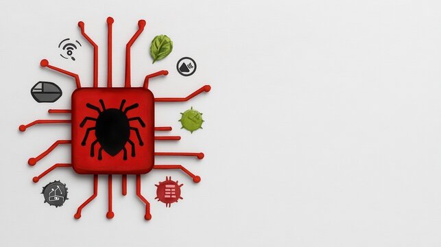 Red Circuit Board with Black Spider Icon and Digital Security Symbols