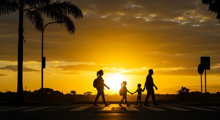 Image Illustrating Yellow May Awareness Campaign Showing a Family Crossing the Street at Sunset Promoting Road Safety and Respectful Driver Behavior Towards Pedestrians