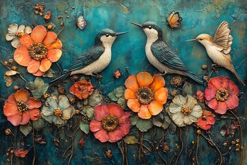 Vibrant garden overflowing with colorful flowers and fluttering butterflies Birds perch nearby adding melody to the serene backdrop