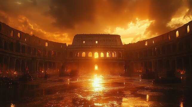 Burning ancient building sunset