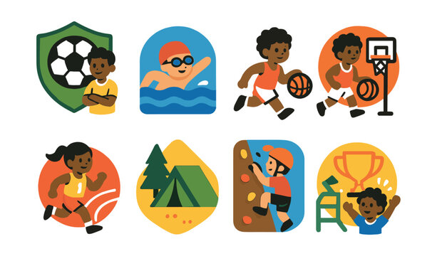 Flat vector icons of youth sports activities: joining youth soccer leagues badge, learning swimming basics badge, practicing mini basketball sessions badge, participating in school track events badge