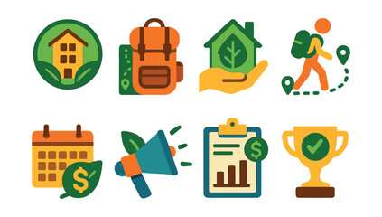 Flat vector icons of budget-friendly sustainable travel: using eco hostel networks badge, planning backpacking eco trips badge, choosing affordable eco-stays badge, participating in budget slow