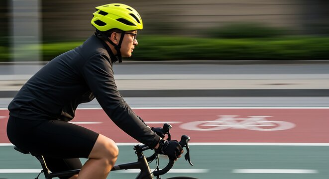 Commemorating the Yellow May Awareness for Safety Traffic A Person Ride a Bicycle with Safety Equipment on a Dedicated Bike Path in a City