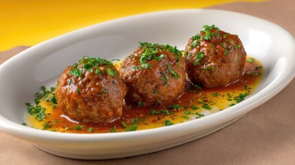 Meatball Trio Savory Italian Appetizer in Rustic White Dish on Yellow.