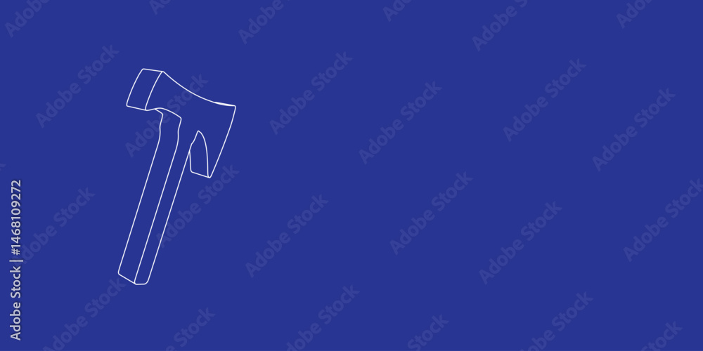 Poster the outline of a large axe symbol made of white lines on the left. 3d view of the object in perspect