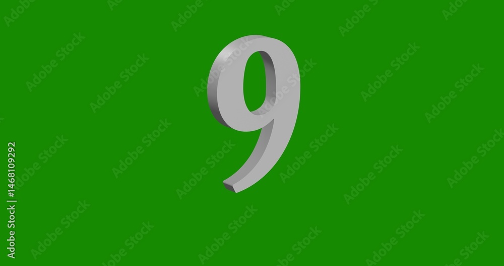Poster isolated realistic white number nine symbol front view with shadow. 3d illustration on green chroma 