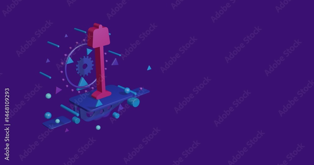 Poster pink floor lamp symbol on a pedestal of abstract geometric shapes floating in the air. abstract conc