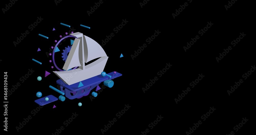 Poster white sailing boat symbol on a pedestal of abstract geometric shapes floating in the air. abstract c