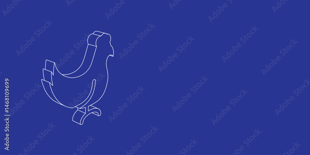 Poster the outline of a large chicken symbol made of white lines on the left. 3d view of the object in pers