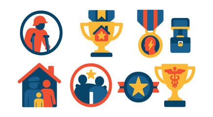 Flat vector icons of veterans’ charities: wounded soldier support badge, veteran housing project trophy, PTSD support program medal, veteran career transition ribbon, military family assistance icon,