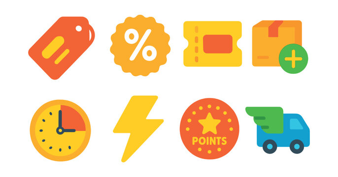 Flat vector icons of discounts and special offers: discount tag icon, percentage off badge, promo code ticket, bundle deal icon, limited-time offer clock, flash sale lightning bolt, loyalty points