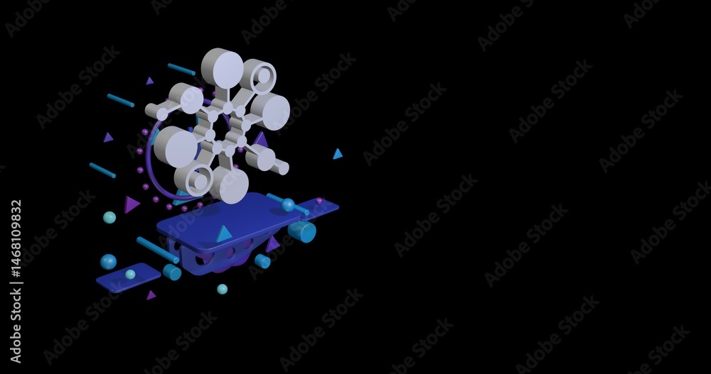 Poster white molecule symbol on a pedestal of abstract geometric shapes floating in the air. abstract conce