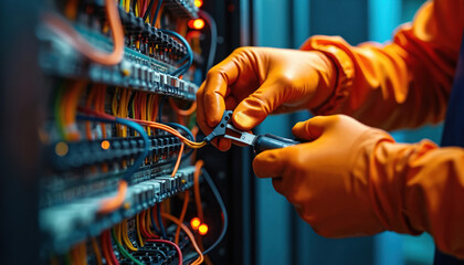 Electrician repairs wiring, electrical equipment. Technician works with cables, connectors using tool. Worker wears orange gloves, focused. Maintenance, engineering, industrial tech job.