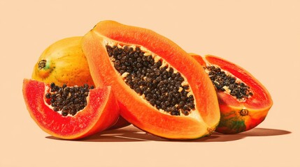 Sliced Papaya Tropical Fruit Still Life on Beige.