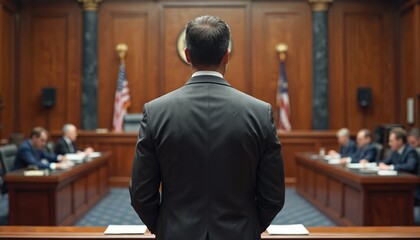 Man suit stands before U. S. Congress chamber. Preparing give testimony to committee, concept government, politics, legislation, democratic process. American flag and congress members in background.
