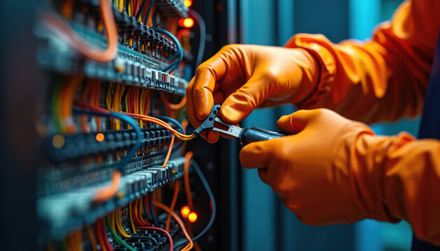 Electrician repairs wiring, electrical equipment. Technician works with cables, connectors using tool. Worker wears orange gloves, focused. Maintenance, engineering, industrial tech job.