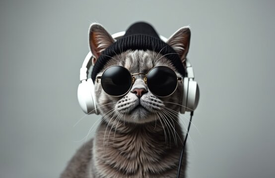 Funny hipster cat wearing sunglasses and wireless headphones listens music on gray background. Stylish pet dressed in hat. Creative animal portrait, modern creative concept, lifestyle theme.