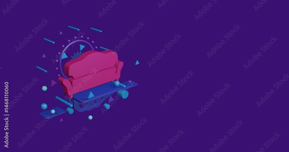 Poster pink sofa symbol on a pedestal of abstract geometric shapes floating in the air. abstract concept ar