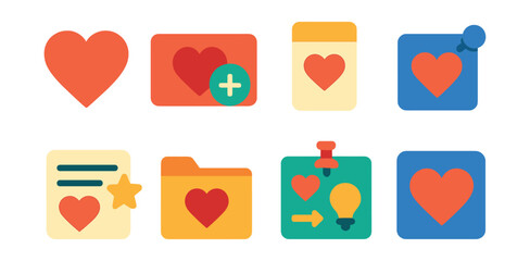 Flat vector icons of wishlists and favorites: wishlist heart icon, add to wishlist button, save for later card, share wishlist link, wishlist with star badge, multiple wishlists folder, gift ideas