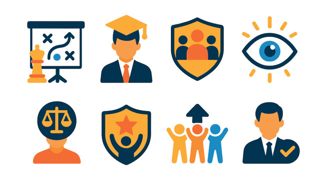 Flat vector icons of leadership training programs: strategic planning workshop, executive leadership course, team management badge, vision building session, decision making skills workshop,