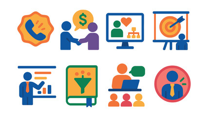 Flat vector icons of sales training sessions: cold calling techniques badge, negotiation skills training, customer relationship management icon, sales closing strategies course, sales pitch workshop,