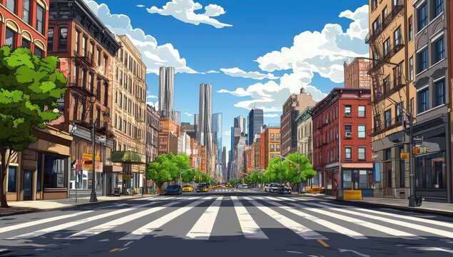 City street scene, sunny day, pedestrian crossing.  A bustling city street lined with colorful buildings, trees, and shops. 