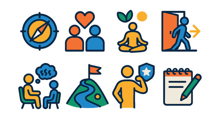 Flat vector icons of life coaching: life purpose discovery badge, relationship coaching, wellness and balance coaching, life transition coaching, stress management coach session, fulfillment path