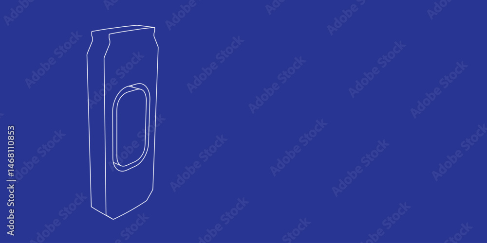 Poster the outline of a large beer can symbol made of white lines on the left. 3d view of the object in per