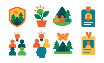 Flat vector icons of coaching retreats and events: coaching retreat badge, growth and renewal weekend icon, group coaching camp, personal breakthrough event, coaching mastermind group, leadership