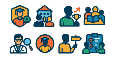 Flat vector icons of academic mentorship: student mentor badge, university mentorship program, academic success coaching, study group mentorship, research project mentorship, PhD mentorship badge,