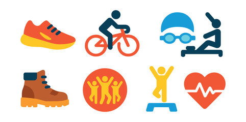 Flat vector icons of cardio activities: running track shoe, cycling bike icon, swimming cap and goggles, rowing machine symbol, hiking boots, group dance badge, aerobic jump icon, cardio heart