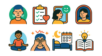 Flat vector icons of exam stress management: calm breathing exercise badge, exam day self-care checklist, positive affirmations for test day, mindfulness before exams icon, healthy breakfast for
