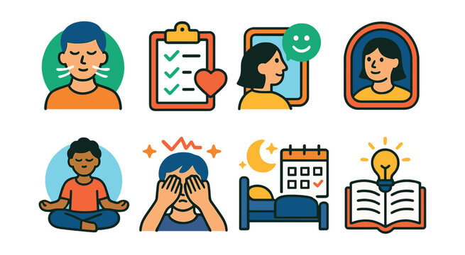 Flat vector icons of exam stress management: calm breathing exercise badge, exam day self-care checklist, positive affirmations for test day, mindfulness before exams icon, healthy breakfast for