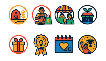 Flat vector icons of supporting local brands: buying from local farmers badge, supporting neighborhood artisans badge, attending local markets badge, promoting small sustainable businesses badge,