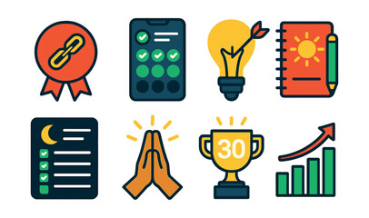 Flat vector icons of productivity habit building: tracking habit chains badge, using habit tracker apps badge, setting SMART goals badge, creating morning routines planner, planning evening shutdown