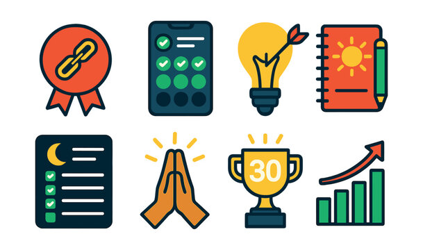 Flat vector icons of productivity habit building: tracking habit chains badge, using habit tracker apps badge, setting SMART goals badge, creating morning routines planner, planning evening shutdown