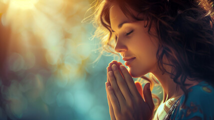 A praying woman, with her eyes closed and her arms folded