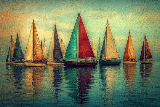 A picturesque fleet of sailboats gracefully glides across calm waters under a serene sky.
