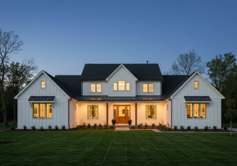Expansive white farmhouse style residence with dark roof and manicured lawn at twilight hour setting